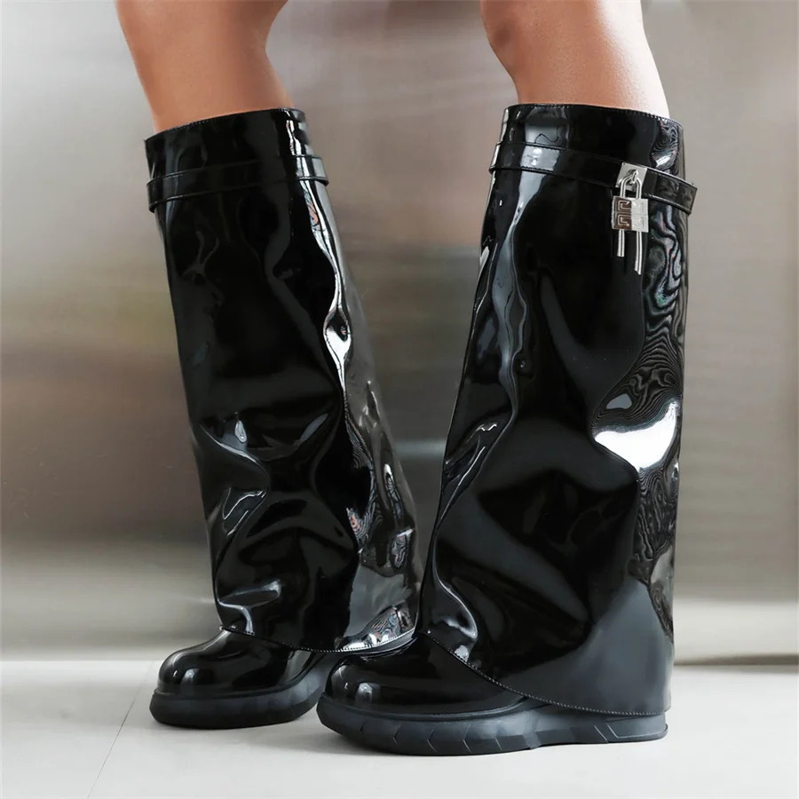 Женские ботинки 2023, зимние туфли на высоком каблуке в стиле панк, на платформе и танкетке с металлическими замками, вечерние глянцевые сапоги до колена, Дропшиппинг Изображение 1
