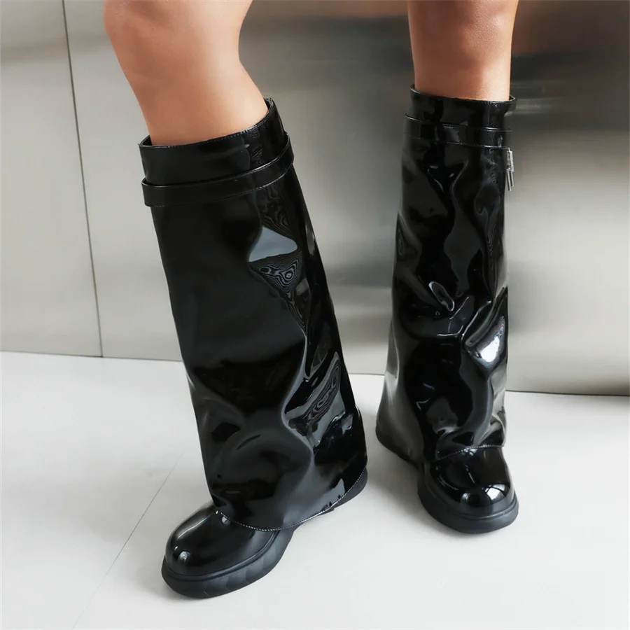 Женские ботинки 2023, зимние туфли на высоком каблуке в стиле панк, на платформе и танкетке с металлическими замками, вечерние глянцевые сапоги до колена, Дропшиппинг Изображение 2