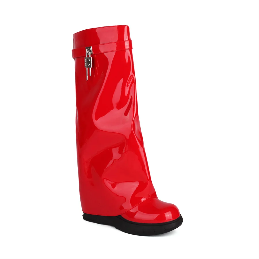 Женские ботинки 2023, зимние туфли на высоком каблуке в стиле панк, на платформе и танкетке с металлическими замками, вечерние глянцевые сапоги до колена, Дропшиппинг Изображение 5