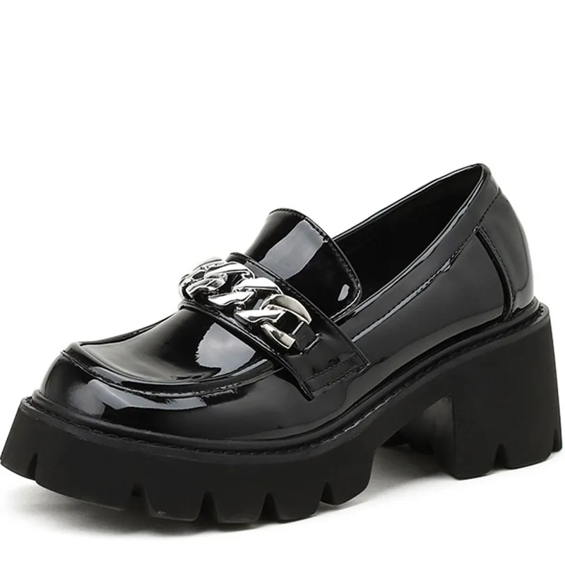 Женские лоферы, обувь на каблуке, Роскошная обувь, женские туфли на платформе, Дизайнерская обувь с цепочкой, Женские туфли-лодочки, Черные кроссовки из лакированной кожи Изображение 1