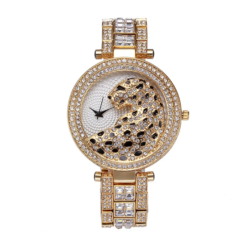 Роскошные женские часы с леопардовым бриллиантом, кварцевые аналоговые наручные часы Ice out Bling Gold для женщин, модный подарок relogio feminino Изображение 0