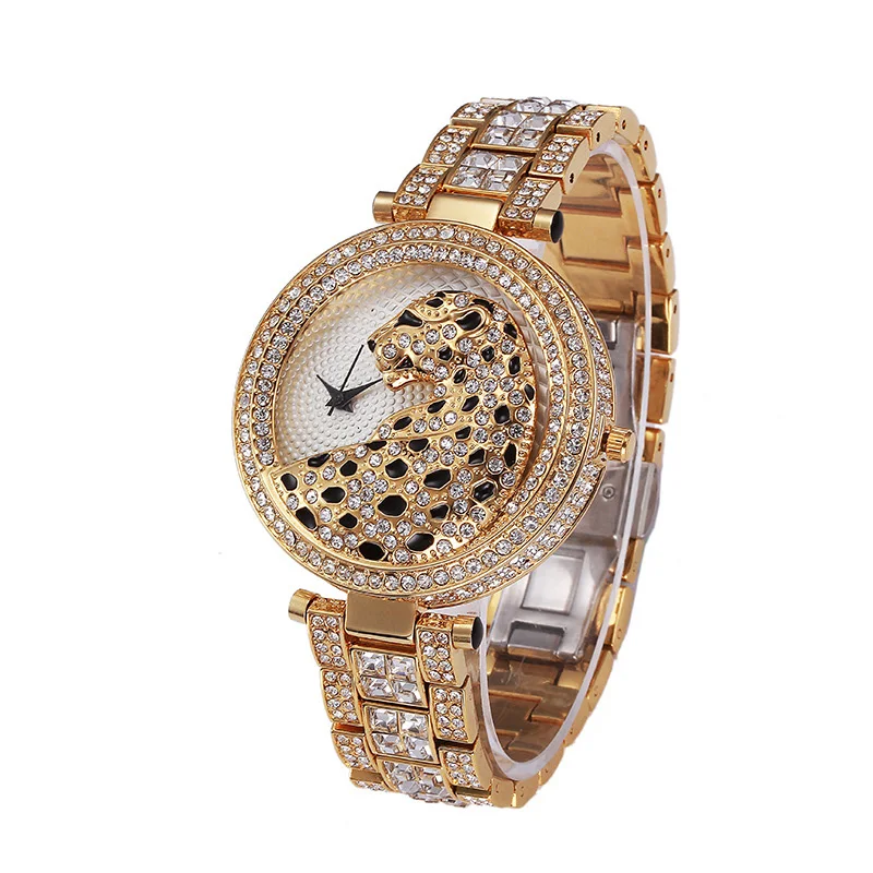 Роскошные женские часы с леопардовым бриллиантом, кварцевые аналоговые наручные часы Ice out Bling Gold для женщин, модный подарок relogio feminino Изображение 1
