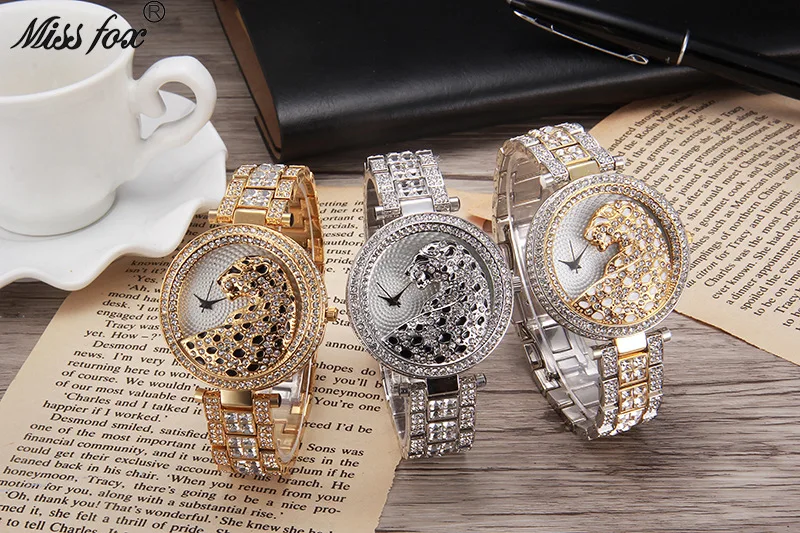 Роскошные женские часы с леопардовым бриллиантом, кварцевые аналоговые наручные часы Ice out Bling Gold для женщин, модный подарок relogio feminino Изображение 4