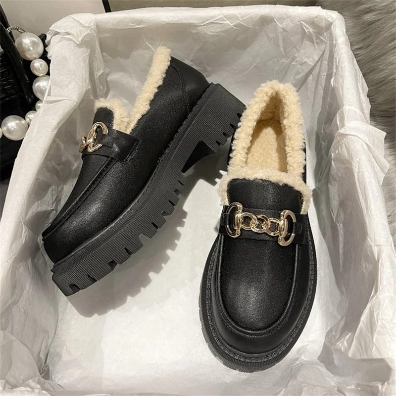 Маленькие кожаные туфли на толстой подошве для женщин, черные мягкие тонкие туфли в британском стиле, зимние новые плюшевые туфли Lefu для женской обуви Изображение 3