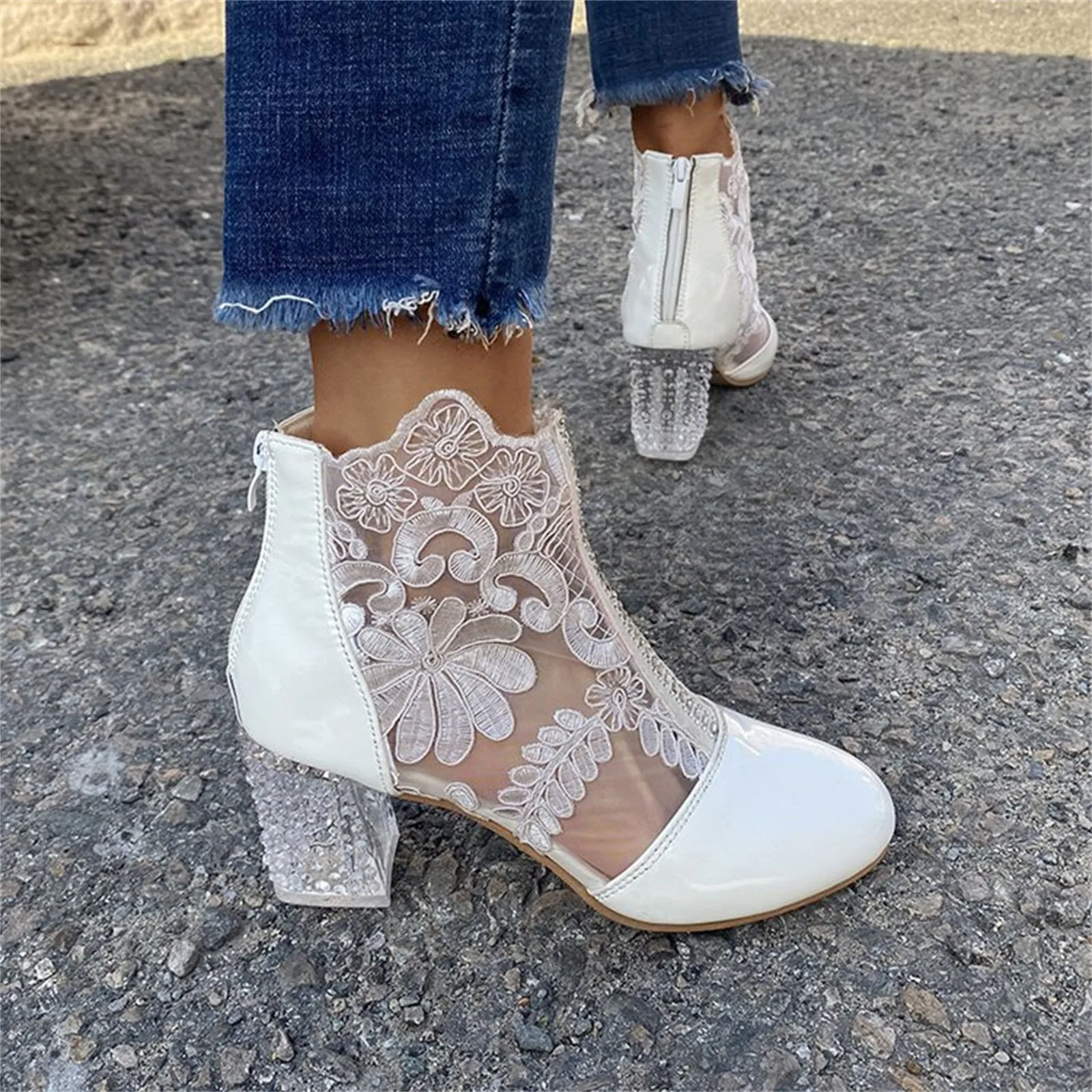2023 Модные женские туфли на высоком каблуке с кружевным цветочным ремешком на щиколотке, открытые Босоножки с круглым носком, туфли-лодочки на молнии, Zapatos De Mujer Plataforma Изображение 1