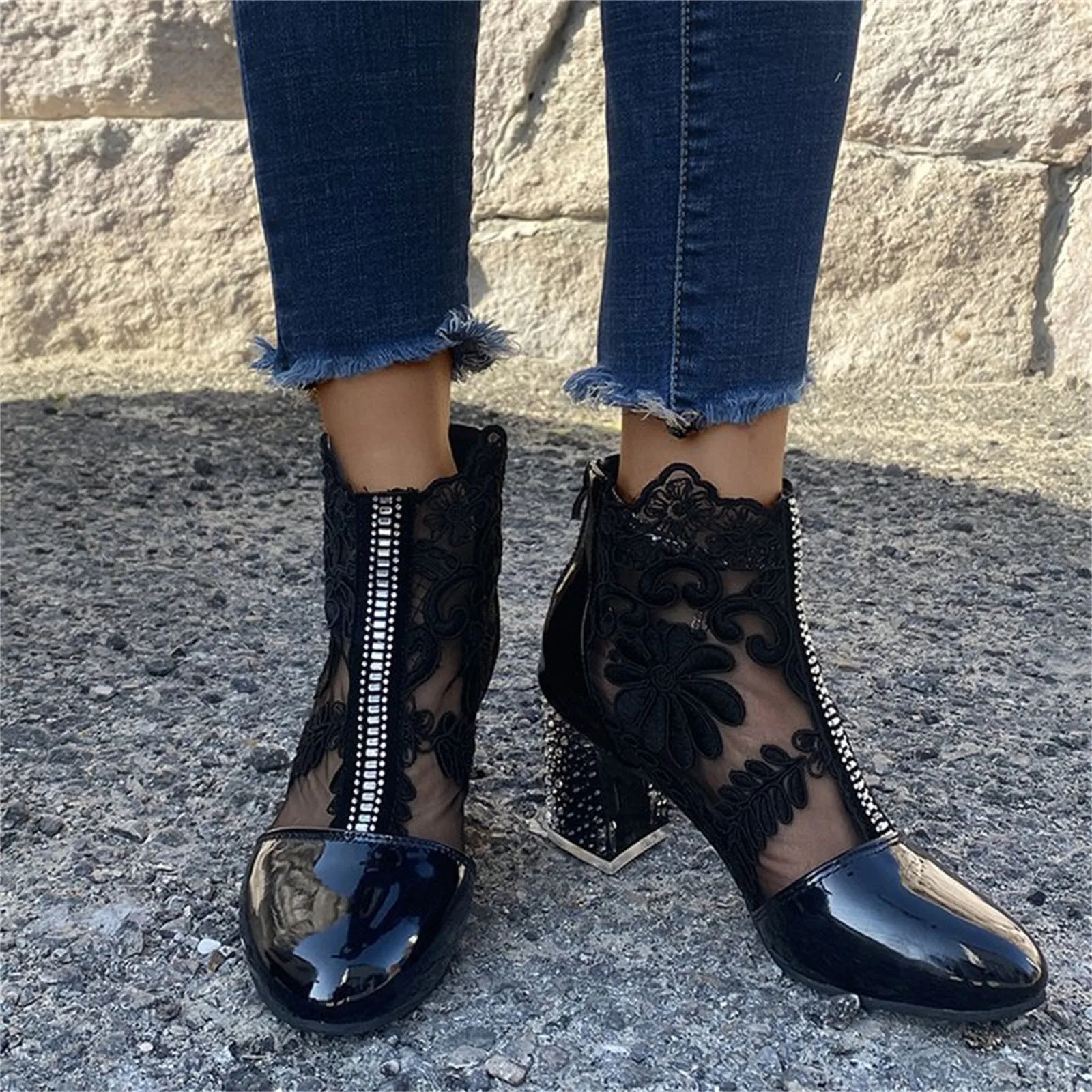 2023 Модные женские туфли на высоком каблуке с кружевным цветочным ремешком на щиколотке, открытые Босоножки с круглым носком, туфли-лодочки на молнии, Zapatos De Mujer Plataforma Изображение 2