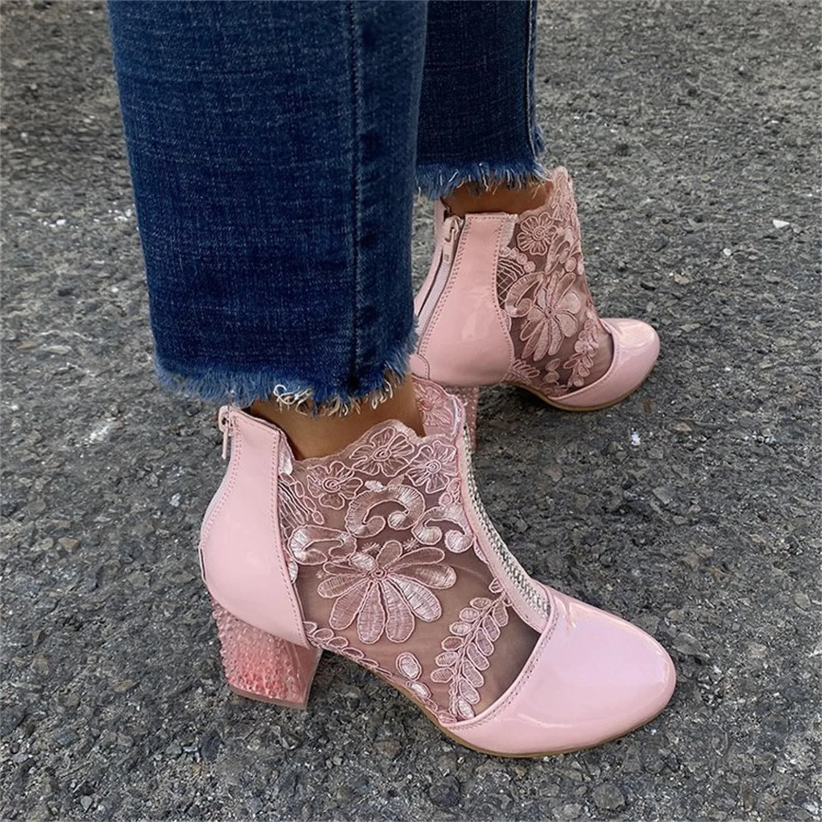 2023 Модные женские туфли на высоком каблуке с кружевным цветочным ремешком на щиколотке, открытые Босоножки с круглым носком, туфли-лодочки на молнии, Zapatos De Mujer Plataforma Изображение 3