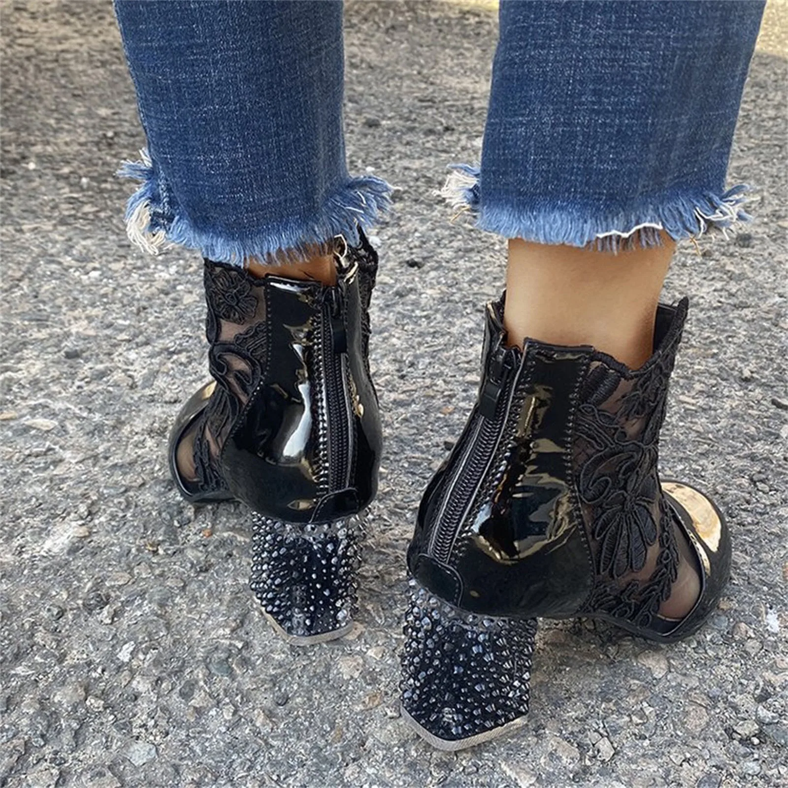 2023 Модные женские туфли на высоком каблуке с кружевным цветочным ремешком на щиколотке, открытые Босоножки с круглым носком, туфли-лодочки на молнии, Zapatos De Mujer Plataforma Изображение 4
