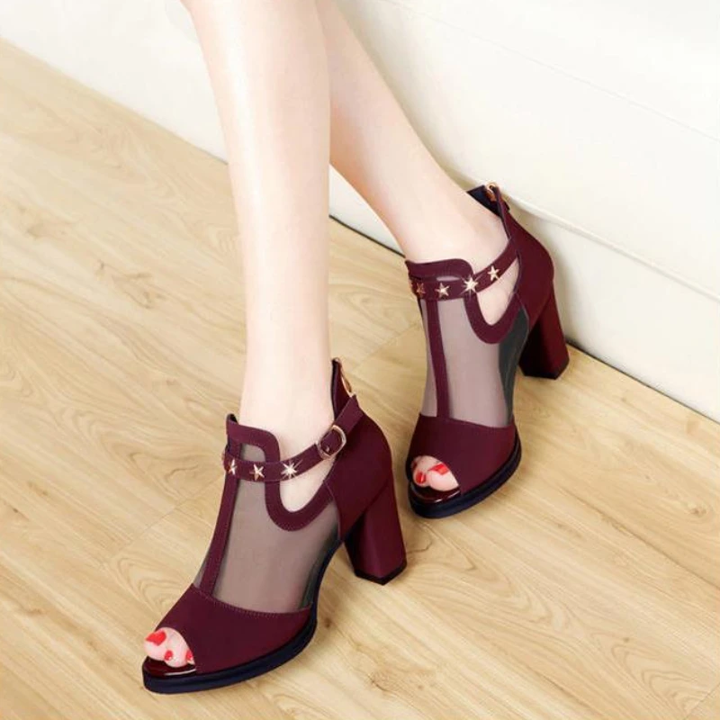 Сандалии Design Sense с Рыбьим Ртом; Новинка Лета 2023 года; Универсальная Женская обувь в Сетчатом стиле На среднем каблуке; Обувь на платформе; Sandalias Mujer Traf Изображение 3