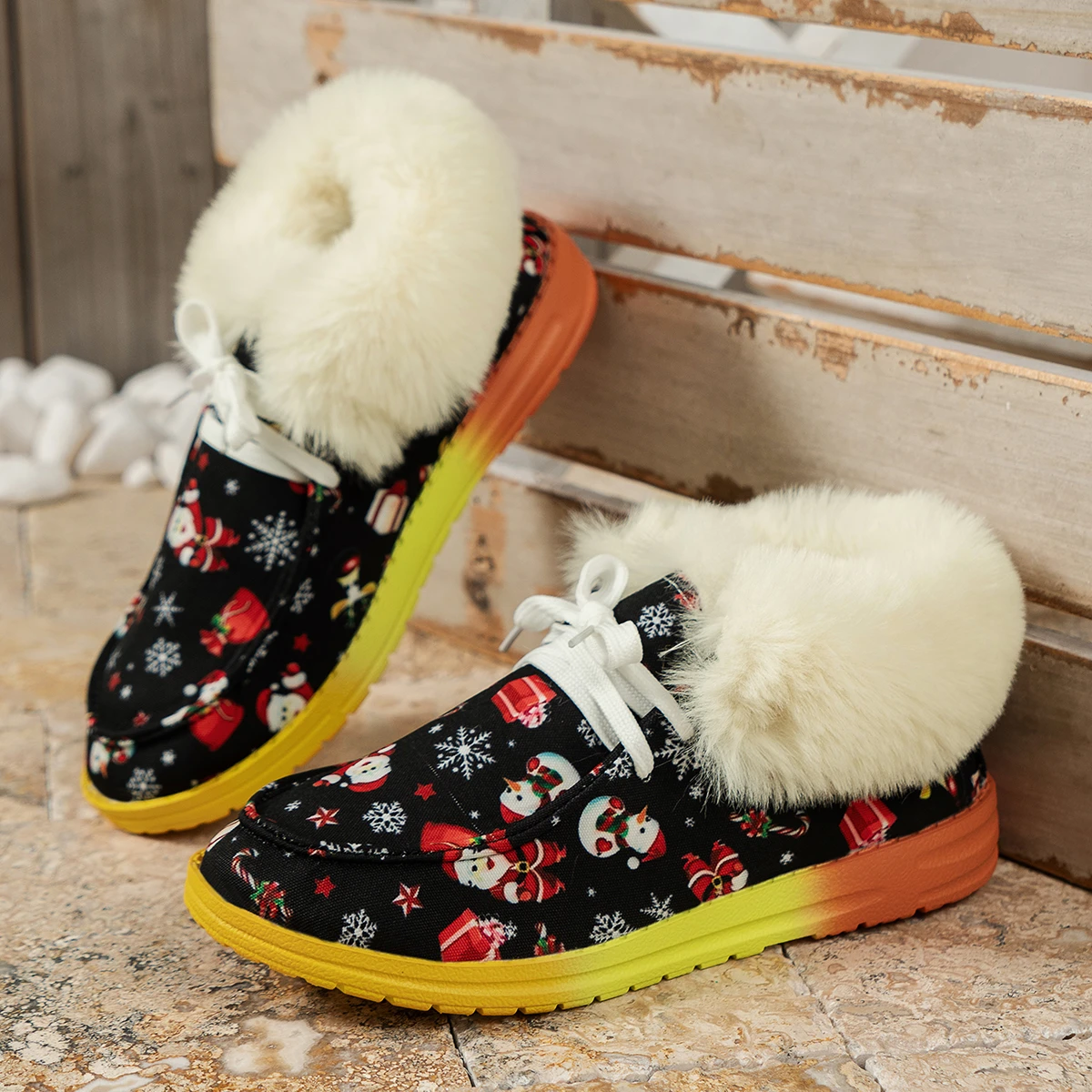Милые Рождественские плюшевые зимние ботинки с граффити, Женская обувь 2023 года, новые Зимние ботильоны из теплого меха, Удобная хлопчатобумажная обувь на шнуровке. Изображение 0