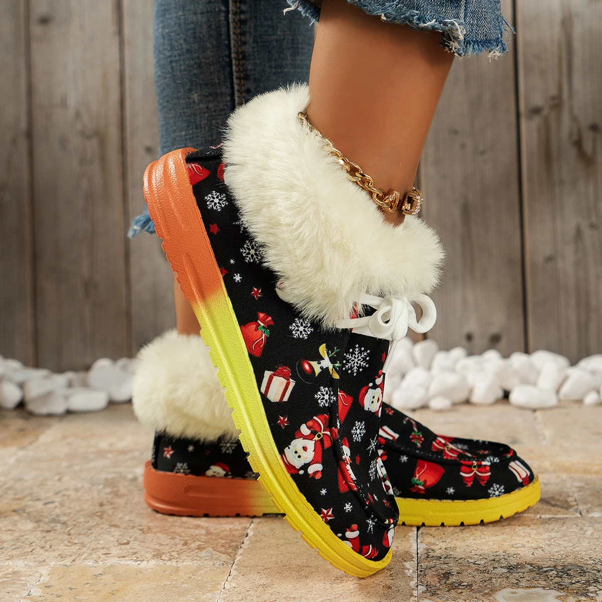 Милые Рождественские плюшевые зимние ботинки с граффити, Женская обувь 2023 года, новые Зимние ботильоны из теплого меха, Удобная хлопчатобумажная обувь на шнуровке. Изображение 4