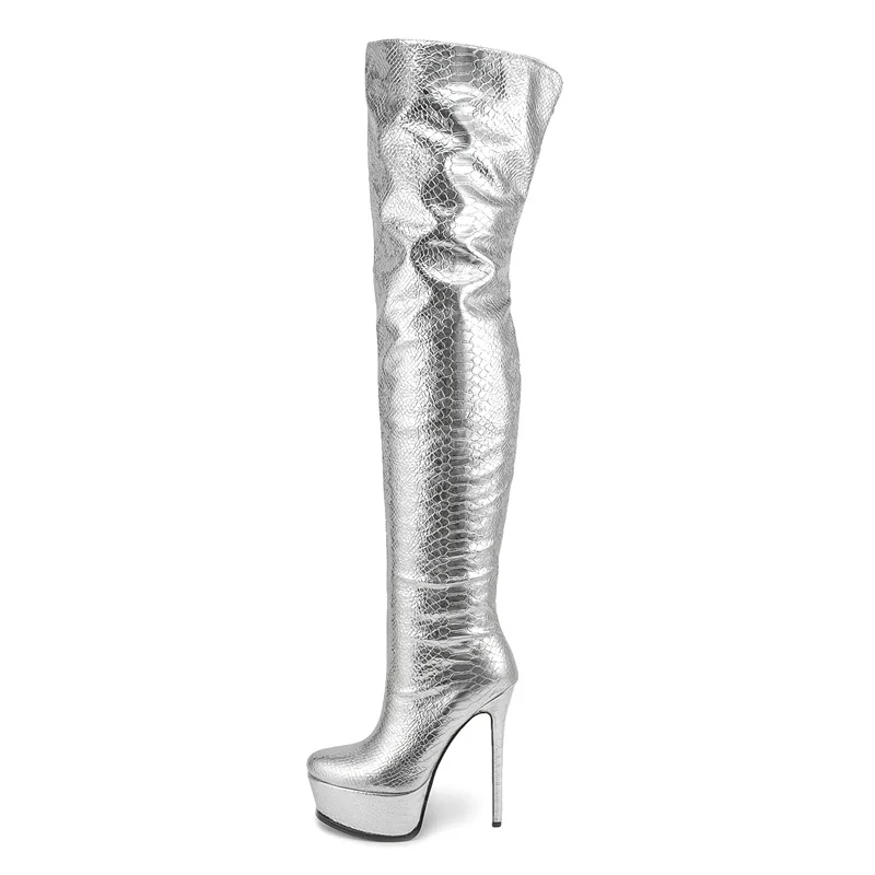 Серебряные Зеркальные Длинные сапоги, Женские стильные сапоги на платформе, Женские сапоги выше колена на очень высоком каблуке, Пикантная женская обувь размера Плюс Изображение 0