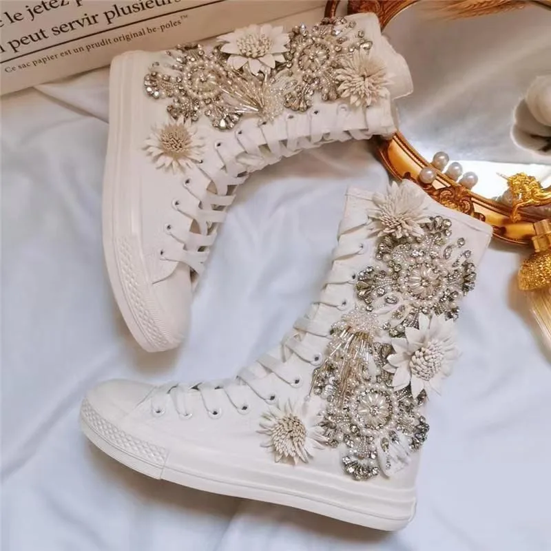 Оригинальные парусиновые туфли с высоким берцем Pearl Flower Water Diamond, женские парусиновые сапоги с высоким берцем на шнуровке, новая вулканизированная обувь женская Изображение 5