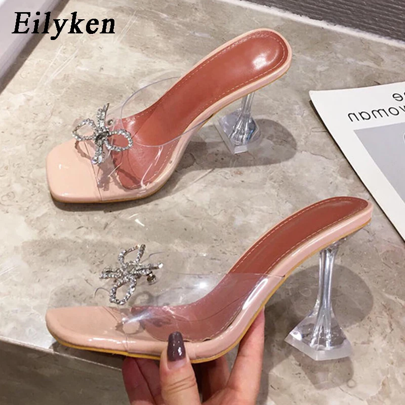 Женские тапочки Eilyken из прозрачного ПВХ на высоком каблуке, Пикантные туфли с квадратным носком, модные вечерние туфли со стразами и бантиком-бабочкой, Zapatillas De Mujer Изображение 0