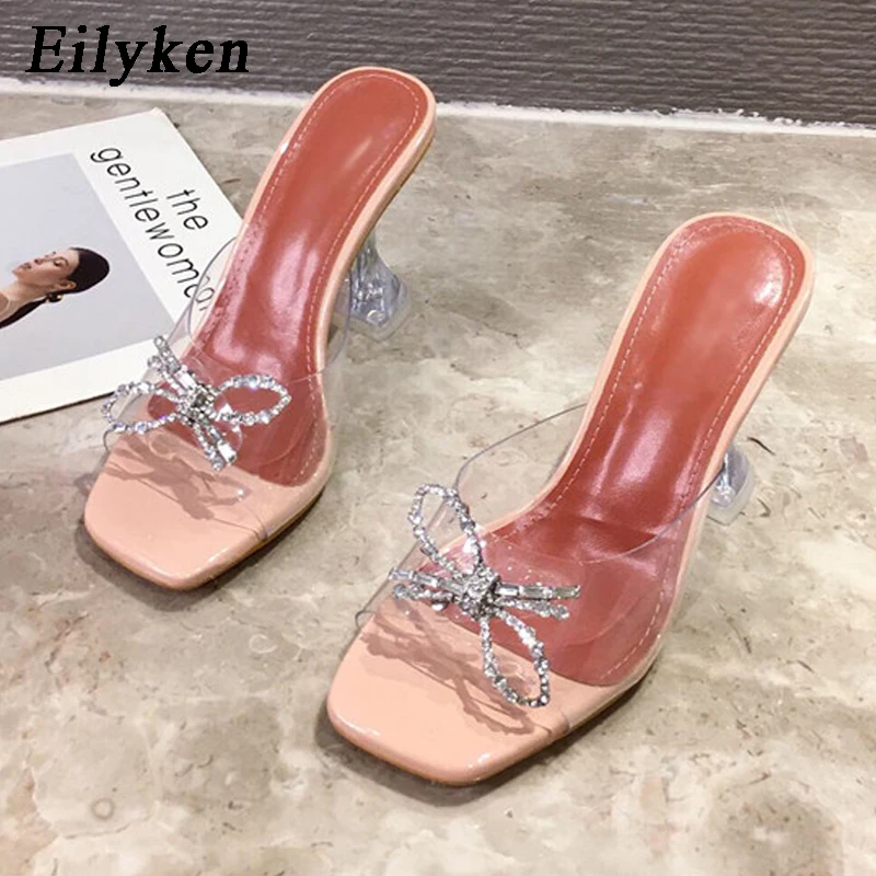 Женские тапочки Eilyken из прозрачного ПВХ на высоком каблуке, Пикантные туфли с квадратным носком, модные вечерние туфли со стразами и бантиком-бабочкой, Zapatillas De Mujer Изображение 1