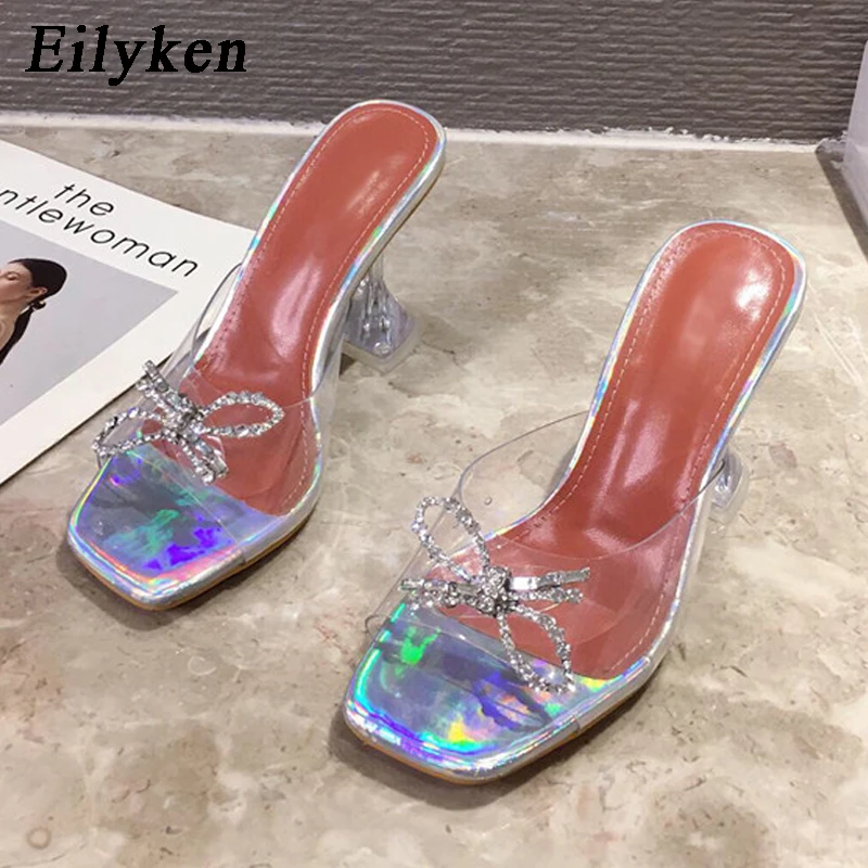 Женские тапочки Eilyken из прозрачного ПВХ на высоком каблуке, Пикантные туфли с квадратным носком, модные вечерние туфли со стразами и бантиком-бабочкой, Zapatillas De Mujer Изображение 2
