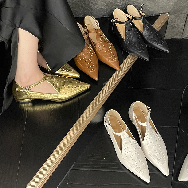 Женская обувь, резиновые женские сандалии, плетеные туфли на плоской подошве с острым носком, золотистые женские повседневные туфли на открытом воздухе, летние слипоны Mary Janes 2023 года выпуска Изображение 4