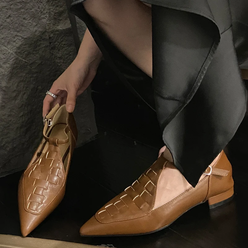 Женская обувь, резиновые женские сандалии, плетеные туфли на плоской подошве с острым носком, золотистые женские повседневные туфли на открытом воздухе, летние слипоны Mary Janes 2023 года выпуска Изображение 5