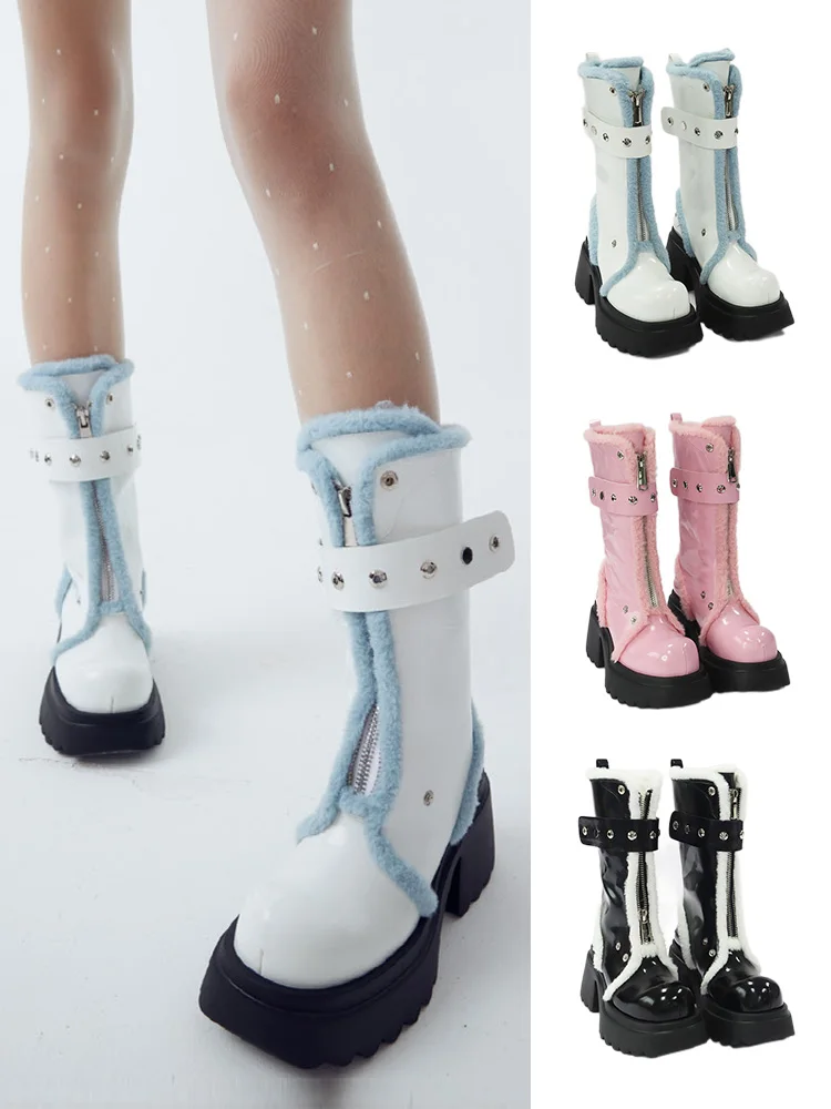 Разноцветные зимние ботинки на толстой подошве толщиной 7,5 см, сапоги до колена на молнии спереди, женский дизайнер с круглой головкой, осень и зима 2022 г. Изображение 1