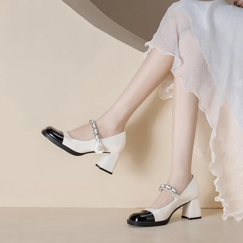 Винтажные туфли Mary Jane, французские туфли на высоком каблуке с квадратным носком, маленькие кожаные туфли в сказочном стиле, туфли из лакированной кожи с жемчугом, туфли на толстом каблуке Изображение 1