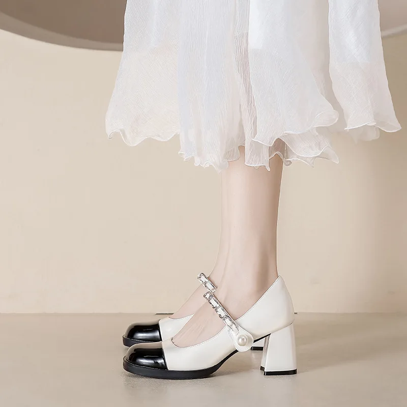 Винтажные туфли Mary Jane, французские туфли на высоком каблуке с квадратным носком, маленькие кожаные туфли в сказочном стиле, туфли из лакированной кожи с жемчугом, туфли на толстом каблуке Изображение 2