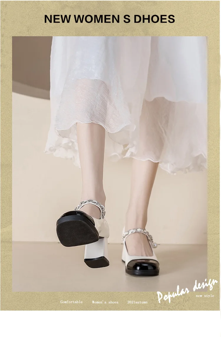 Винтажные туфли Mary Jane, французские туфли на высоком каблуке с квадратным носком, маленькие кожаные туфли в сказочном стиле, туфли из лакированной кожи с жемчугом, туфли на толстом каблуке Изображение 5