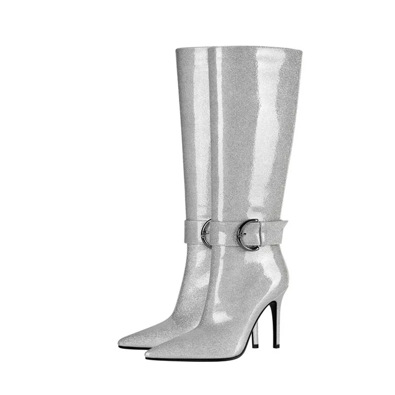 Классические серебристые сапоги до колена на молнии, женские туфли из микрофибры с острым носком на тонком каблуке, Однотонные сапоги на высоком каблуке, женская обувь Изображение 0