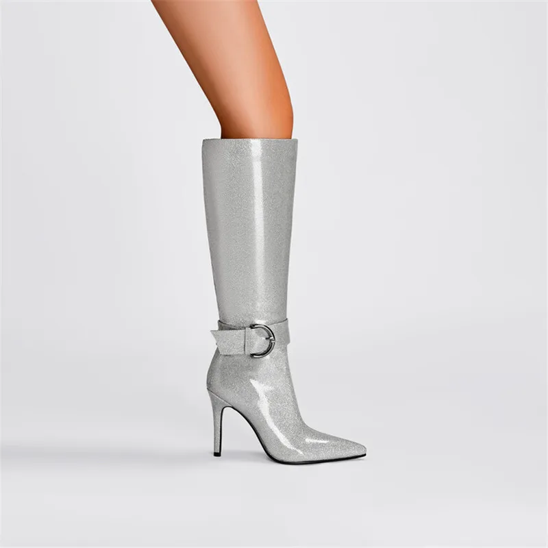 Классические серебристые сапоги до колена на молнии, женские туфли из микрофибры с острым носком на тонком каблуке, Однотонные сапоги на высоком каблуке, женская обувь Изображение 1