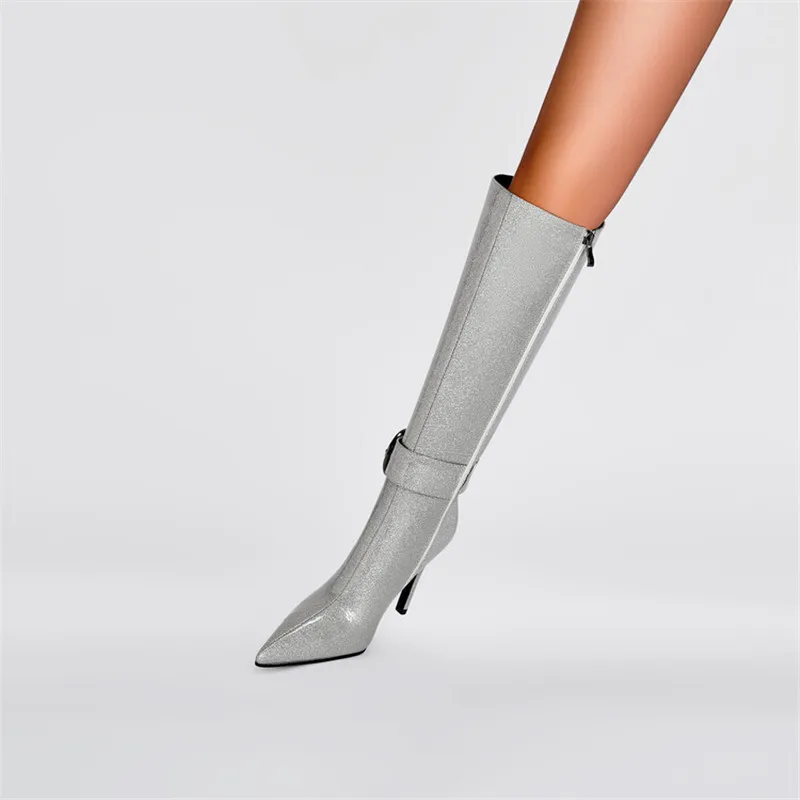 Классические серебристые сапоги до колена на молнии, женские туфли из микрофибры с острым носком на тонком каблуке, Однотонные сапоги на высоком каблуке, женская обувь Изображение 2