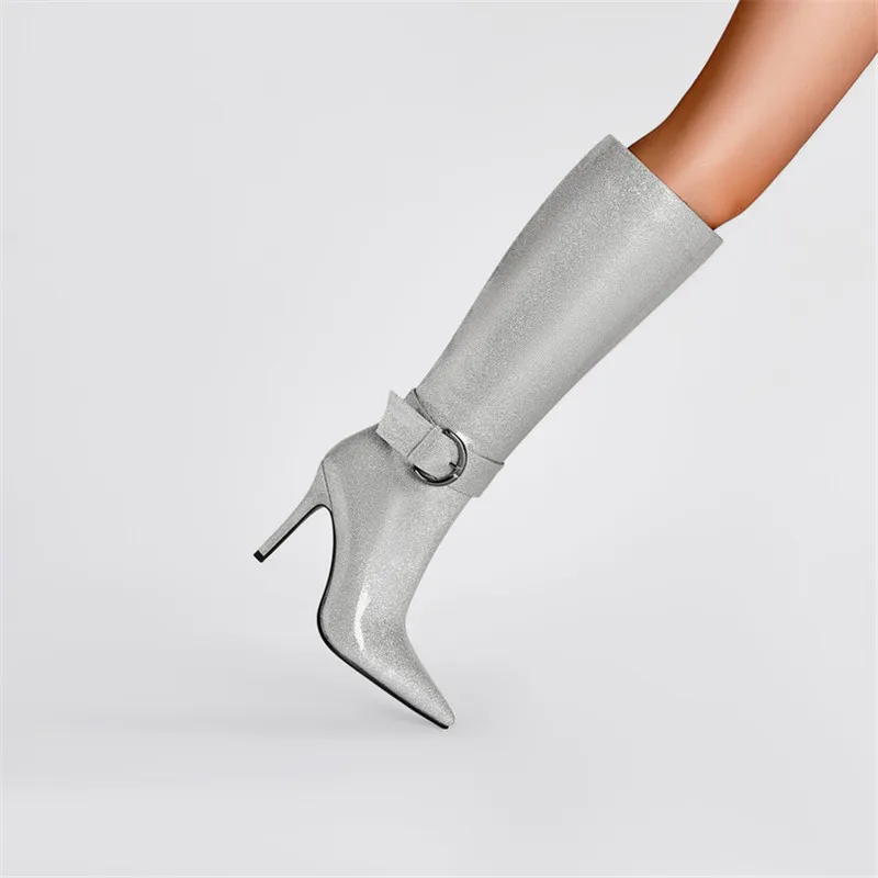 Классические серебристые сапоги до колена на молнии, женские туфли из микрофибры с острым носком на тонком каблуке, Однотонные сапоги на высоком каблуке, женская обувь Изображение 4