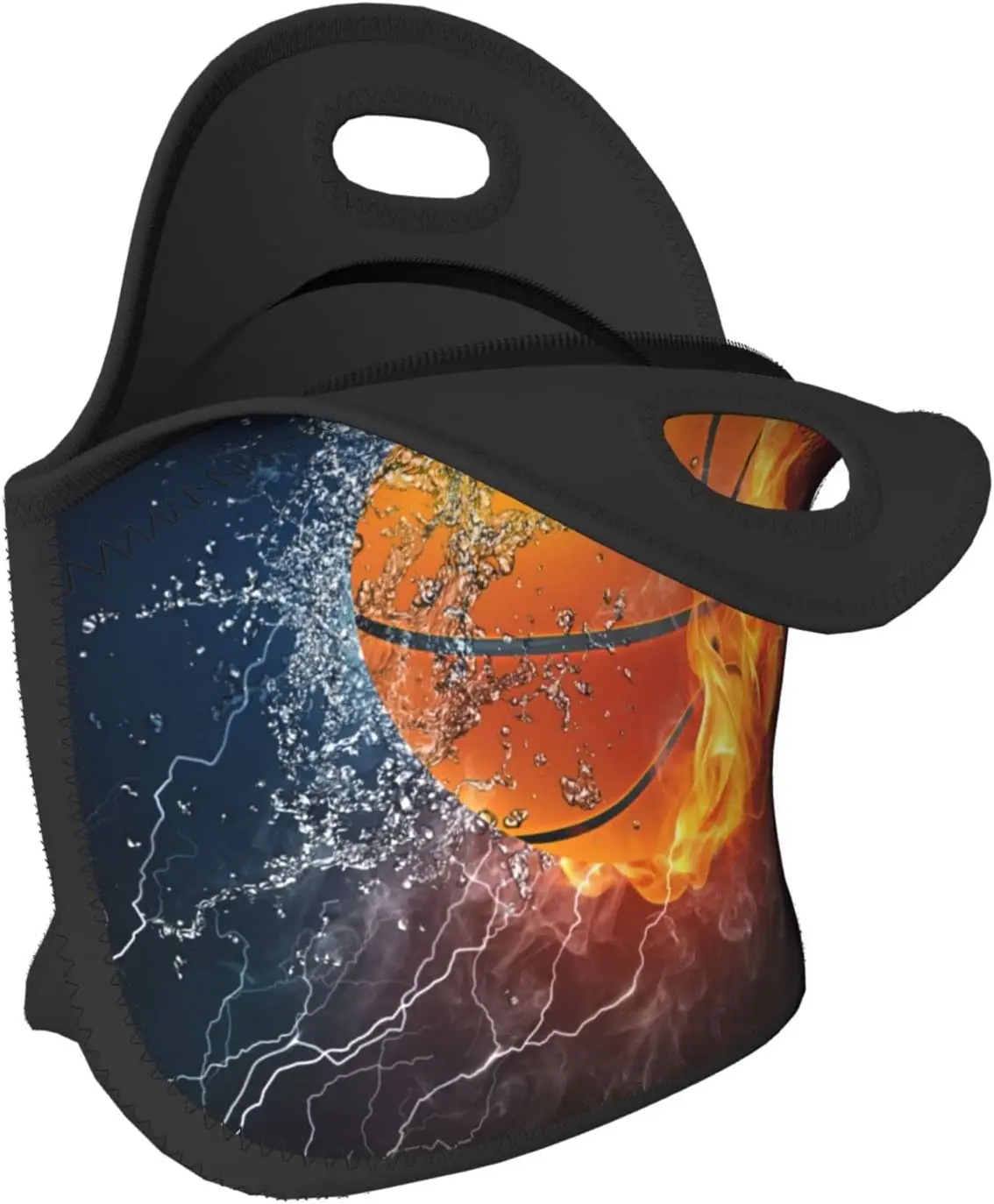 Fiambrera Retro de neopreno con bola de baloncesto en fuego y agua, bolsa de almuerzo aislada, Tote para adultos/niños/viajes/Pi Изображение 2