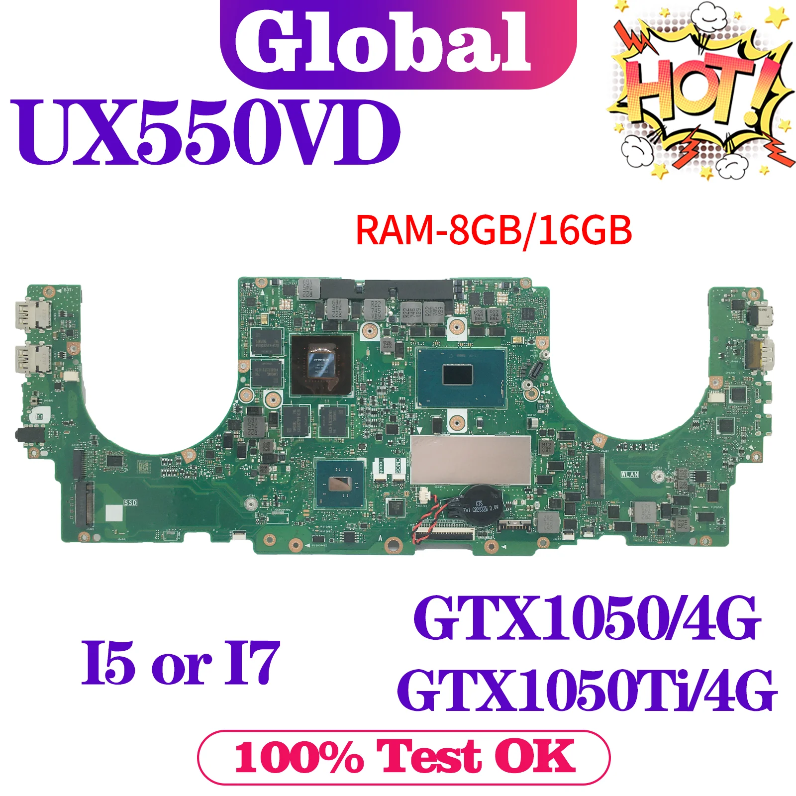 Материнская плата UX550 Для ASUS ZenBook Pro UX550V UX550VD UX550VE Материнская Плата Ноутбука I5-7300H I7-7700HQ GTX1050TI/4G GTX1050/4G 16GB Изображение 0
