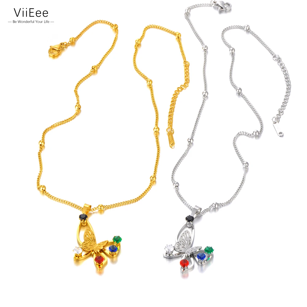 ViiEee Красочные Cz Хрустальные ожерелья с подвеской в виде летающей бабочки с животными Для женщин, колье-чокер из нержавеющей стали, ожерелье VN22173 Изображение 0