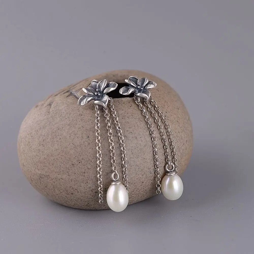 Настоящие женские серьги-гвоздики из стерлингового серебра 925 Пробы, Счастливые Серьги с жемчужной кисточкой и цветком Изображение 0