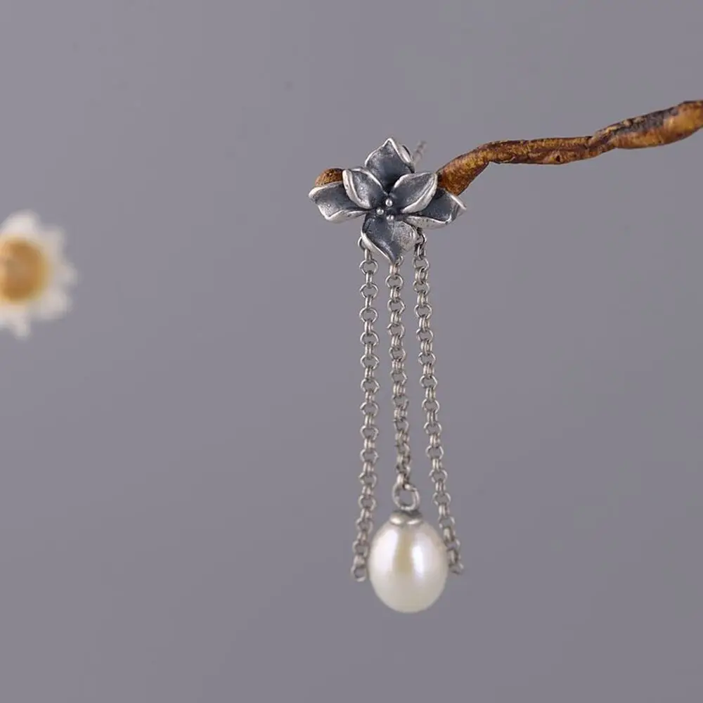 Настоящие женские серьги-гвоздики из стерлингового серебра 925 Пробы, Счастливые Серьги с жемчужной кисточкой и цветком Изображение 1