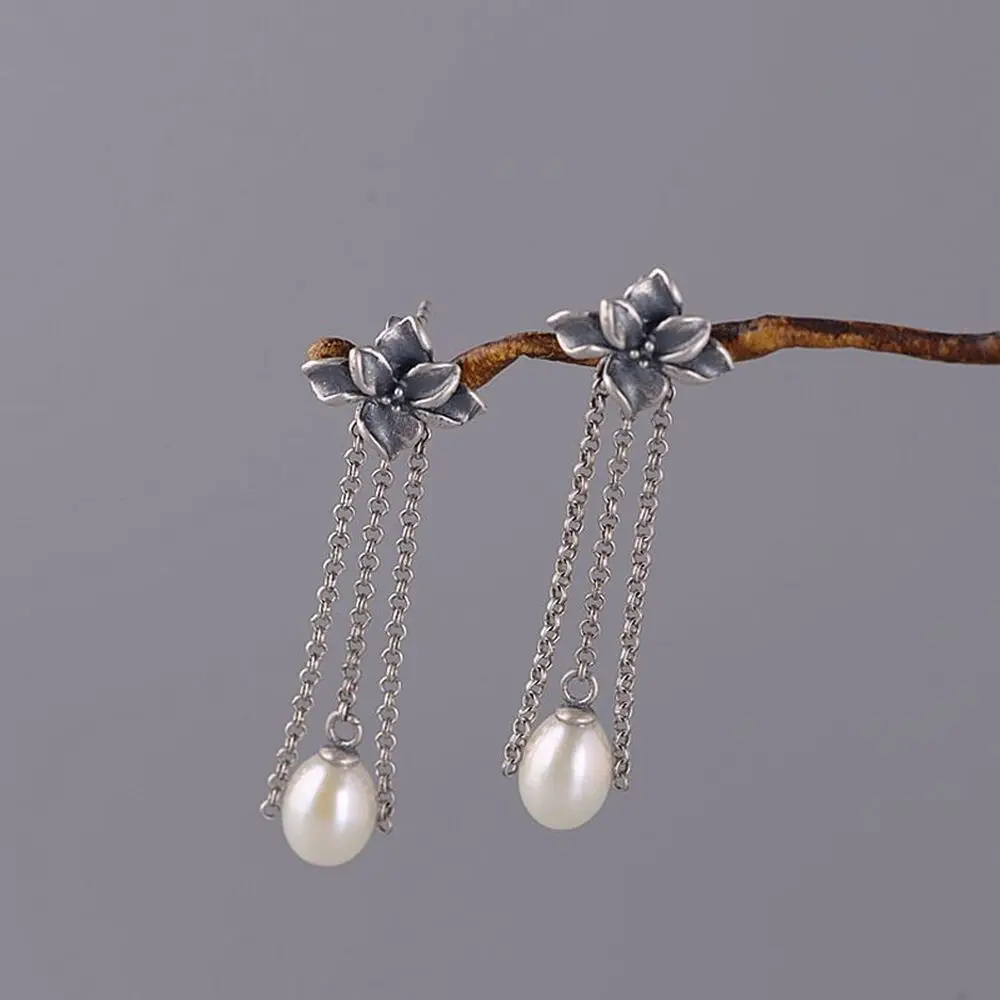 Настоящие женские серьги-гвоздики из стерлингового серебра 925 Пробы, Счастливые Серьги с жемчужной кисточкой и цветком Изображение 2