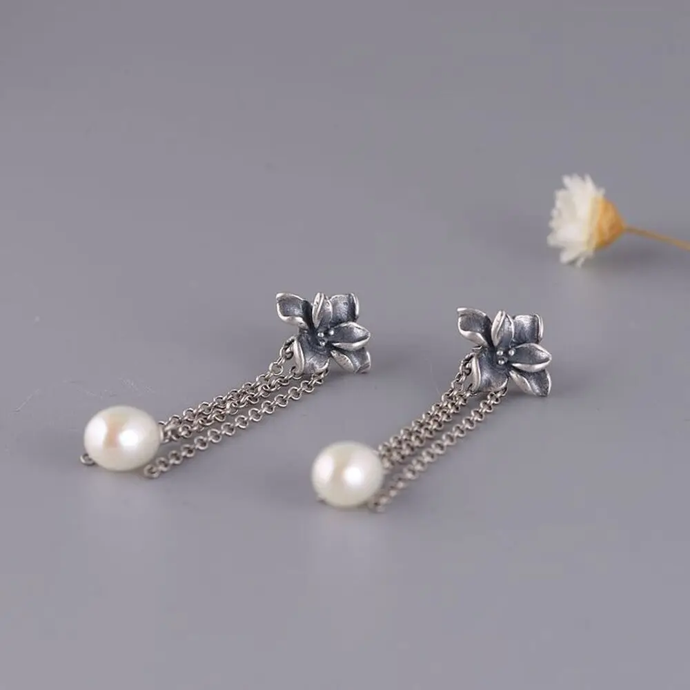 Настоящие женские серьги-гвоздики из стерлингового серебра 925 Пробы, Счастливые Серьги с жемчужной кисточкой и цветком Изображение 3