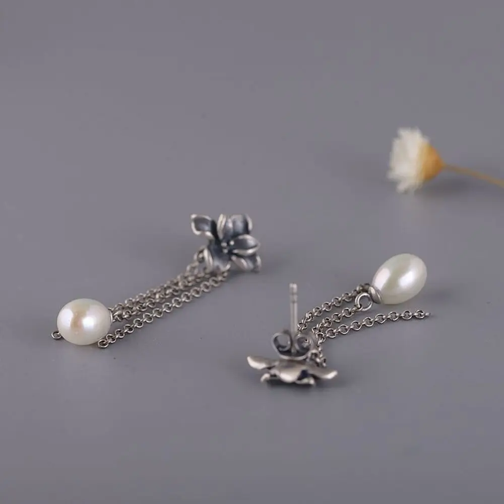 Настоящие женские серьги-гвоздики из стерлингового серебра 925 Пробы, Счастливые Серьги с жемчужной кисточкой и цветком Изображение 4