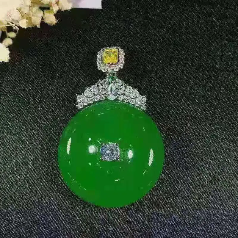 Ожерелье с подвеской в виде пончика из натурального зеленого нефрита, женские ювелирные украшения, инкрустированный Мьянманским жадеитом Циркон, Ожерелья в виде пончиков из Бирманского Нефрита Изображение 1