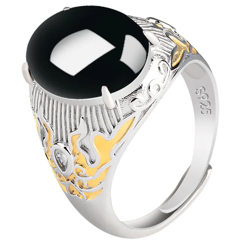 S925, инкрустированный серебром, натуральный чернильный нефрит, Винтажное кольцо в виде яйца, кольцо с жадеитовым камнем, Мужские ювелирные изделия Оптом Изображение 1