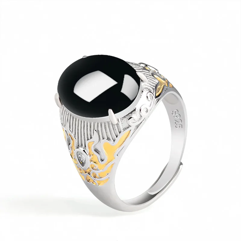 S925, инкрустированный серебром, натуральный чернильный нефрит, Винтажное кольцо в виде яйца, кольцо с жадеитовым камнем, Мужские ювелирные изделия Оптом Изображение 2