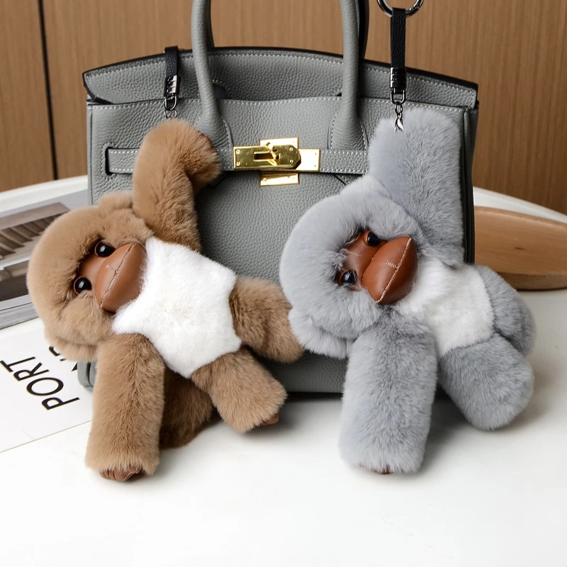 Милая меховая плюшевая подвеска, новый рюкзак-брелок из меха кролика Рекс, маленькая обезьянка, модное роскошное подвесное украшение для автомобиля Изображение 3