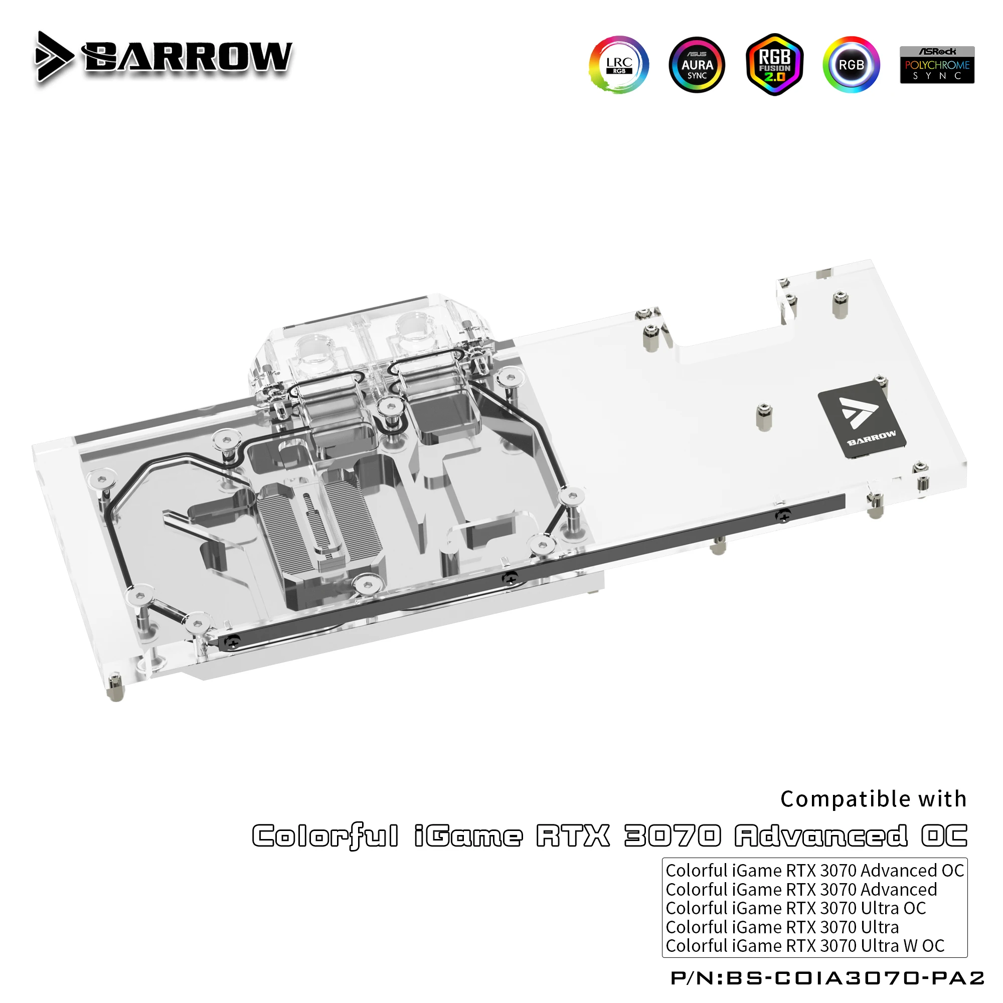 Водяной блок графического процессора Barrow для видеокарты VGA Colorful RTX 3070 Advanced OC Cooler 5V ARGB 3PIN Изображение 1