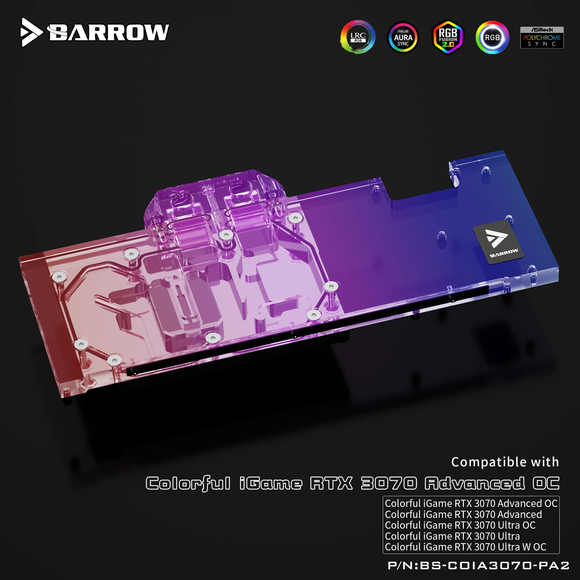 Водяной блок графического процессора Barrow для видеокарты VGA Colorful RTX 3070 Advanced OC Cooler 5V ARGB 3PIN Изображение 3