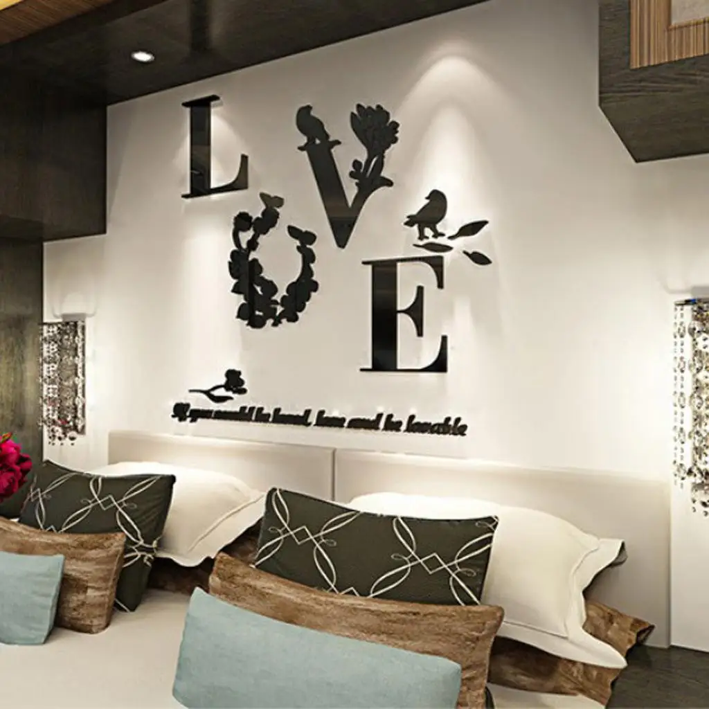 Модная съемная самоклеящаяся наклейка с 3D-изображением листьев LOVE Mirror на стену, наклейка на стену Изображение 3