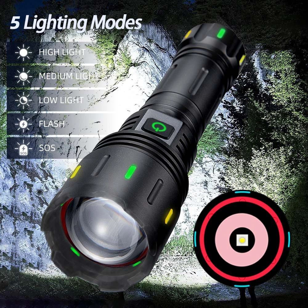 Мощный светодиодный сверхяркий тактический фонарик мощностью 30 Вт с телескопической фокусировкой, мощный фонарик, USB-зарядка с люминесцентным Изображение 1