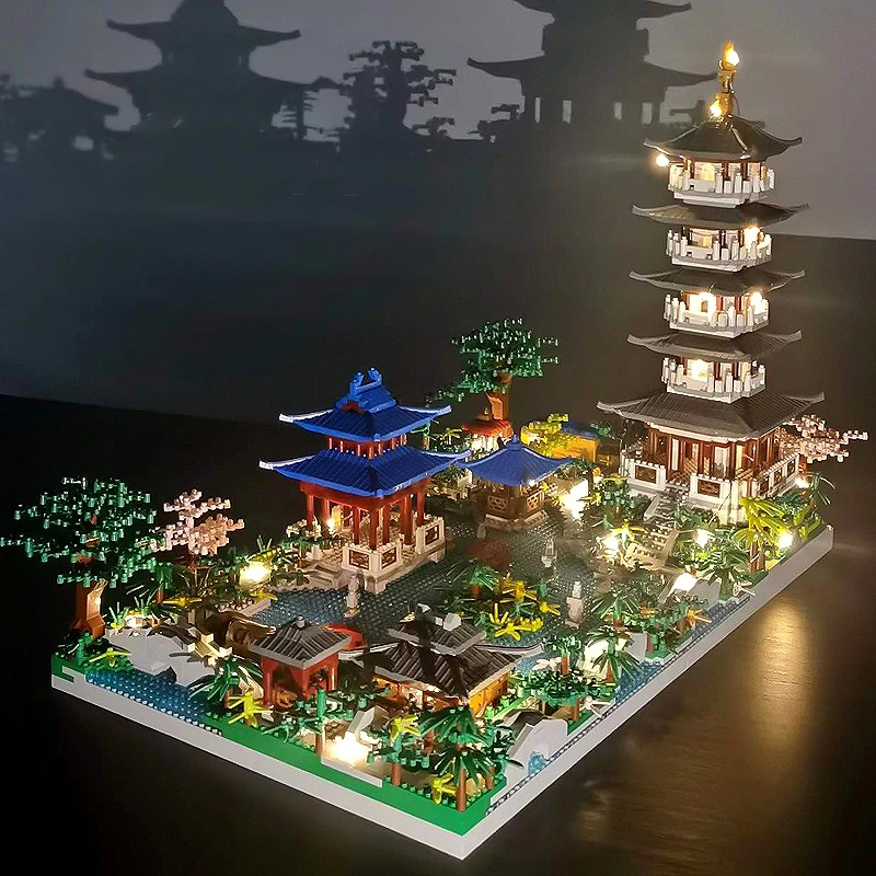 Китайская архитектура Микро Строительные блоки Модель Башня Западное озеро Деревья DIY Алмазные Кирпичи со световыми Игрушками для детей Подарок взрослым Изображение 0