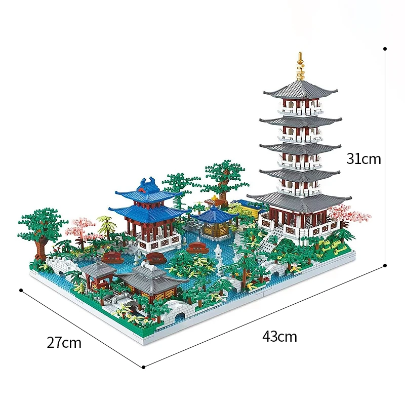 Китайская архитектура Микро Строительные блоки Модель Башня Западное озеро Деревья DIY Алмазные Кирпичи со световыми Игрушками для детей Подарок взрослым Изображение 5