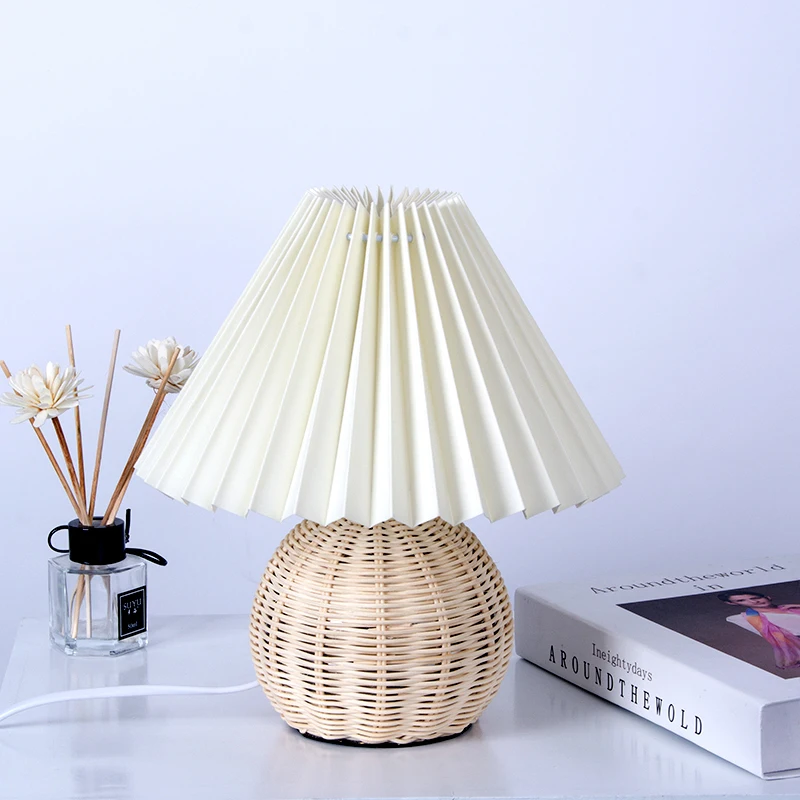 Корейская плиссированная настольная лампа Ceramicrattan, настольная лампа для гостиной, украшение дома, трехцветная светодиодная лампа, винтажная прикроватная лампа Изображение 2
