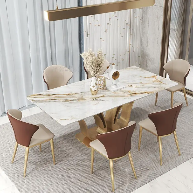 Роскошная вилла Столовая Прямоугольный Островной стол в форме Лебедя 1,8 м И набор из 6 стульев Золотистая Мраморная мебель креативного дизайна Изображение 0